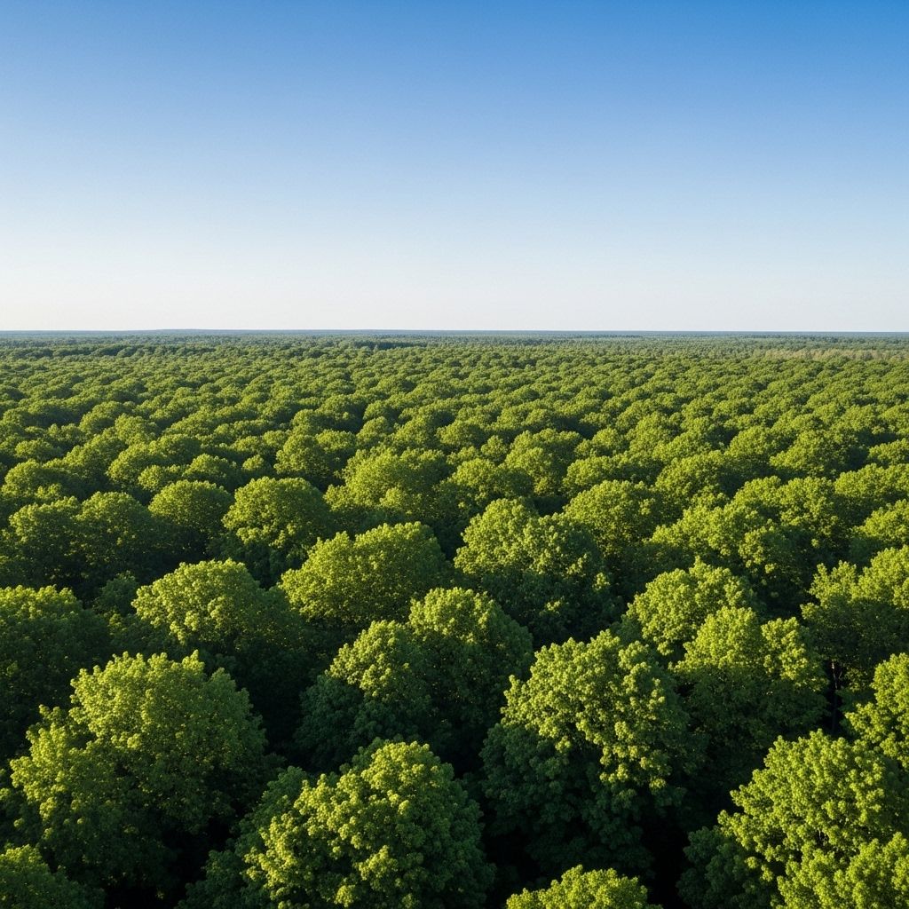 Aerial view of a dense green forest canopy stretching to the horizon under a clear blue sky, conveying tranquility and natural vastness