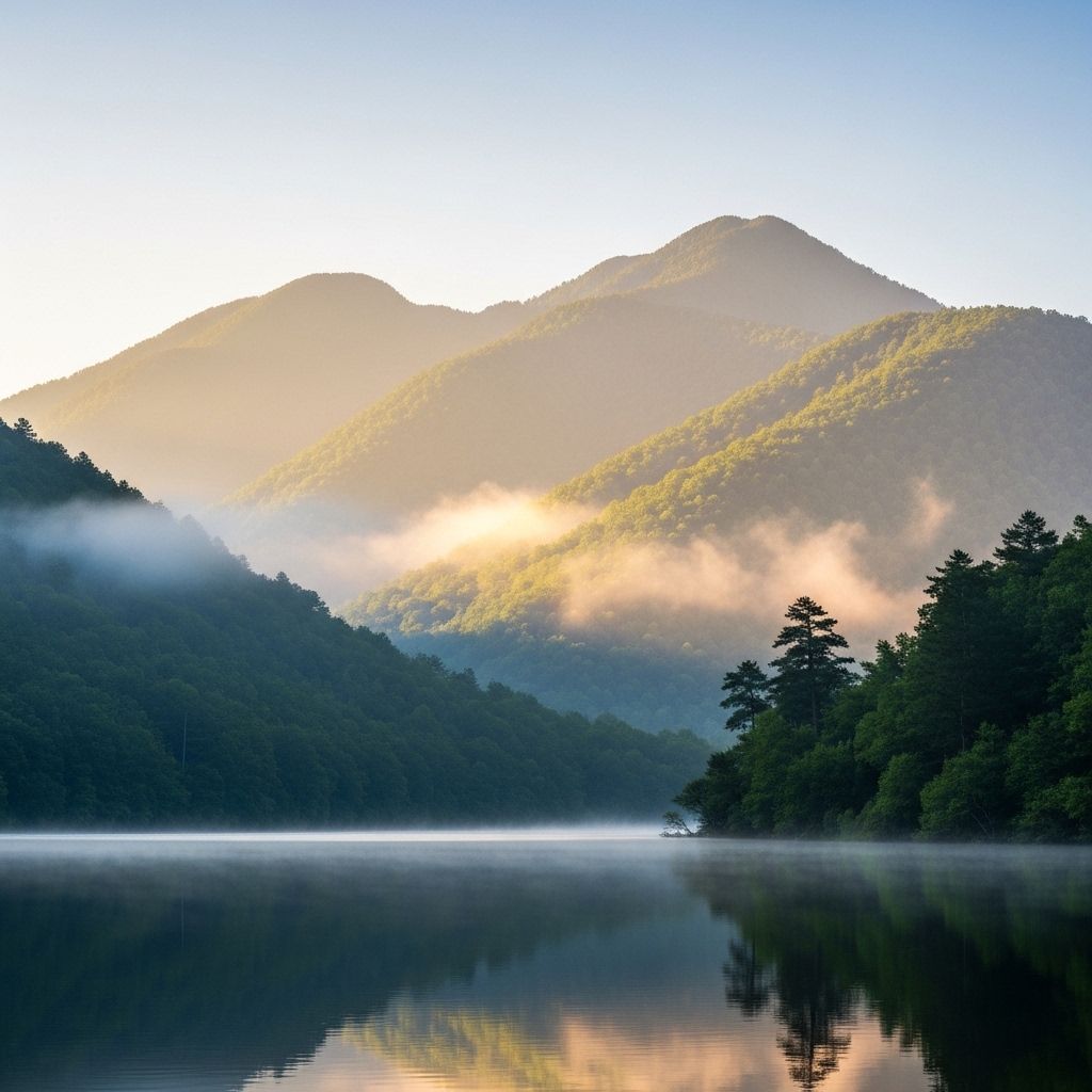 Serene mountain landscape at dawn with soft mist rising over forested peaks and a calm reflective lake in the foreground