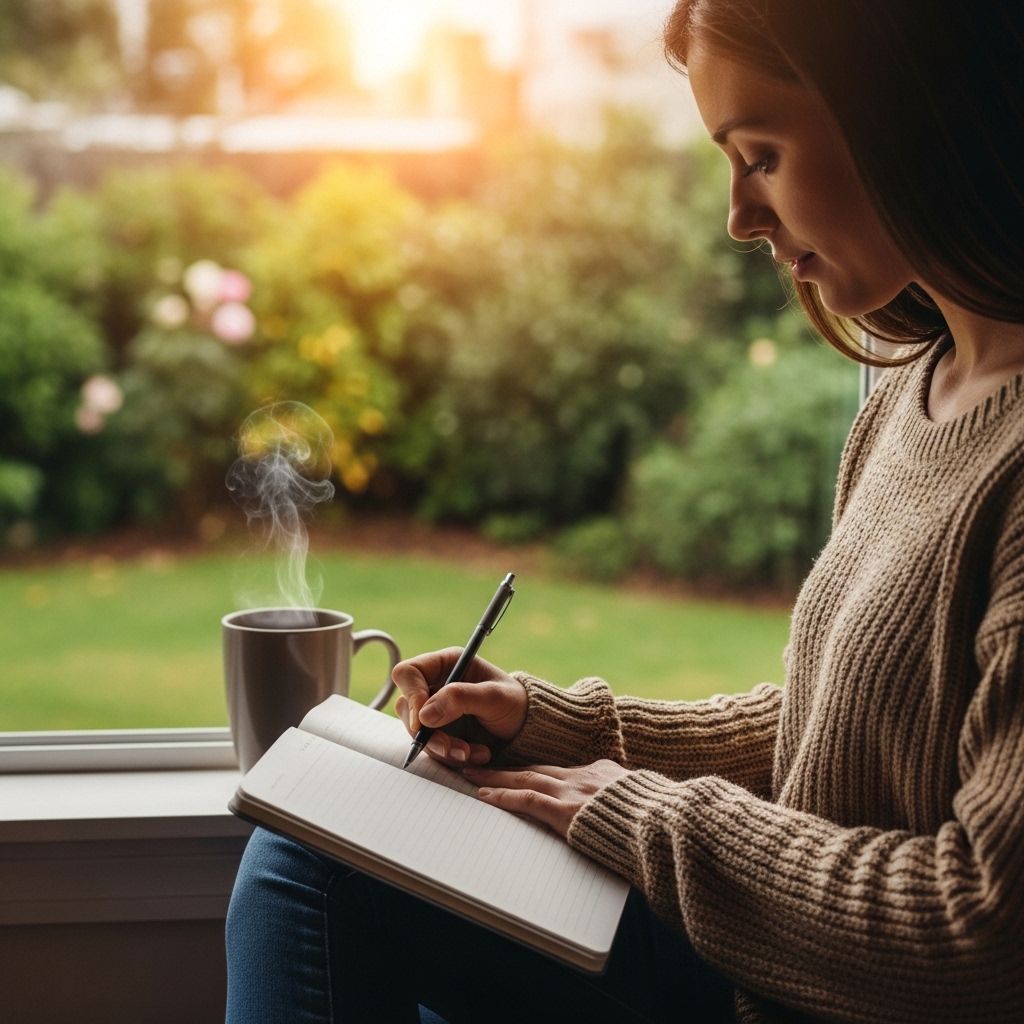 Serene morning routine scene with a person journaling beside a window overlooking a garden, warm golden hour light filling the room