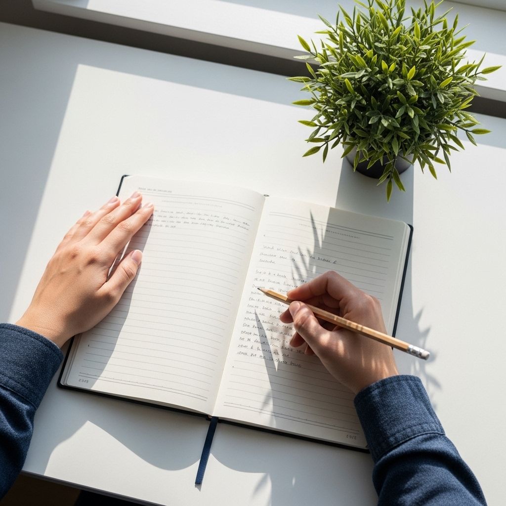 Overhead view of hands writing notes in an open journal with a pencil on a clean white desk with natural light and a small plant nearby