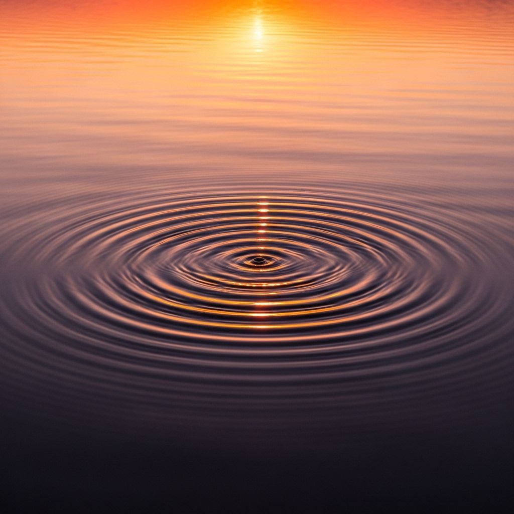 Abstract visualization of sound waves rippling across still water surface at sunset, concentric rings expanding from a central point